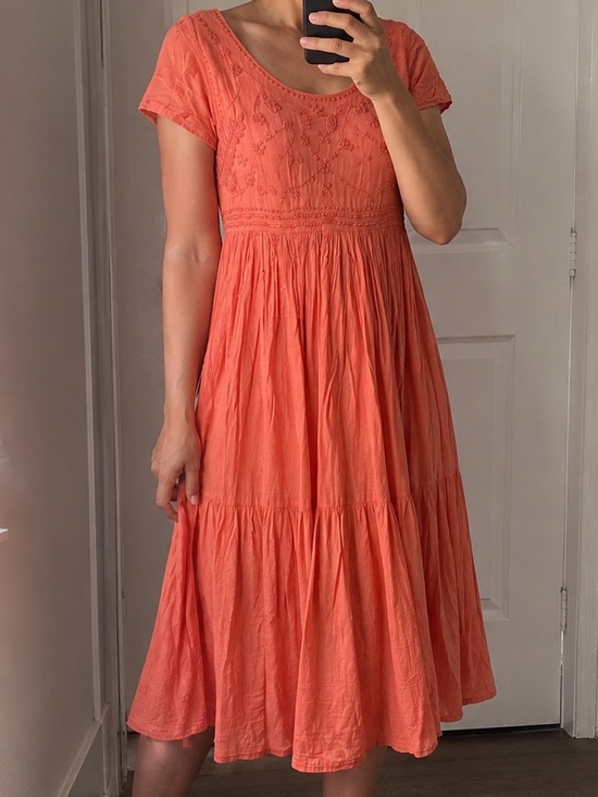 Fads Dresses & Skirts - Fads Embroidered Boho Peasant Salmon/coral Midi Dress M Vintage 90s